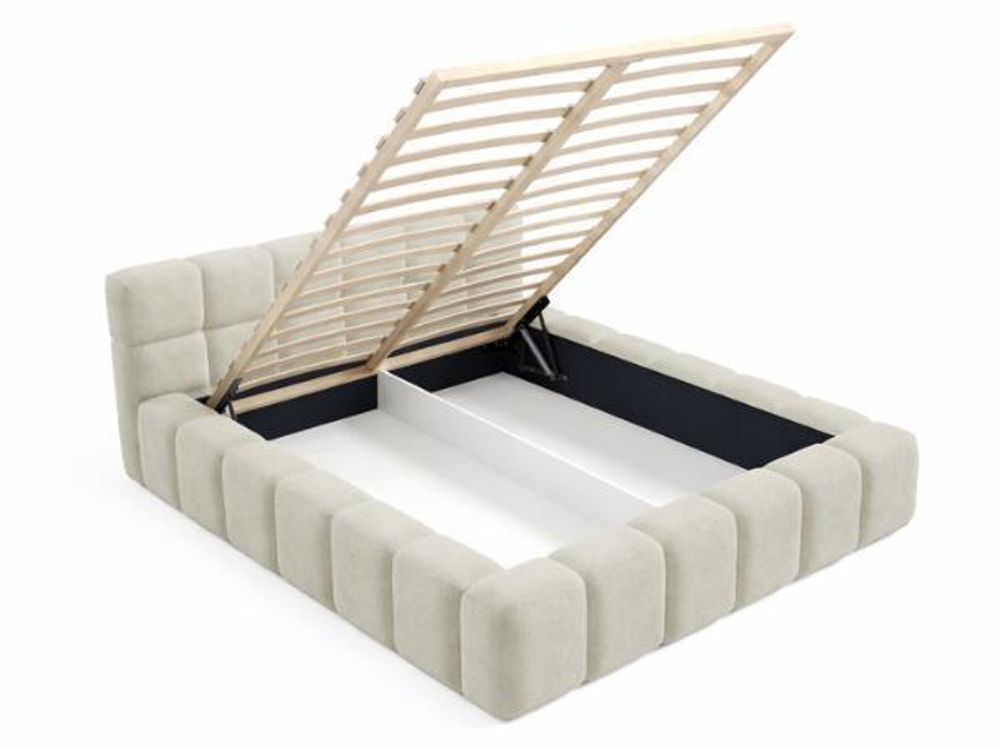 Lit rembourré 140×200 cm NUBO PREMIUM avec coffre de rangement et tête de lit capitonnée, lit nuage, tissu beige Perfect Harmony 02
