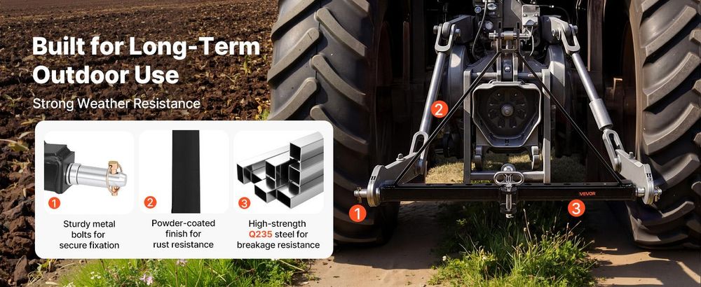 VEVOR 3-Punkt-Anhängerkupplung mit 2-Zoll-Anschluss, 3-Punkt-Schnellkupplung, 3.000 lbs Tragfähigkeit, Schwerlast-Traktor-Zugdeichsel-Adapter, kompatibel mit Kubota, Mahindra, John Deere, Massey Ferguson, 32 Zoll-Einzelring-Zug-Standard