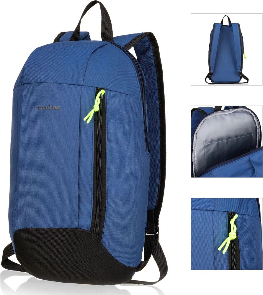 Blauer Outtec Rucksack mit schwarzen Details und neon-gelbem Reißverschluss-Zipper.