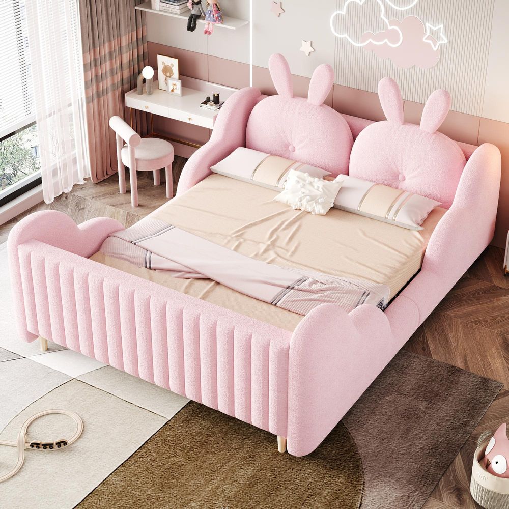 Merax Kinderbett Polsterbett 140x200cm mit Wolken-Seitenschutz, Teddy-Samt Bett mit Hasenkissen,Plattformbett Jugendbett mit Kissen in Hasenform,Rosa
