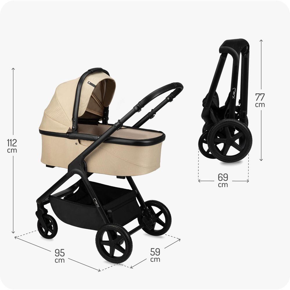 MoMi GISELLE – 2-in-1 Kombikinderwagen mit umkehrbarem Sitz, verstellbar, inkl. Zubehör, XL-Dach & Wickeltasche – Beige