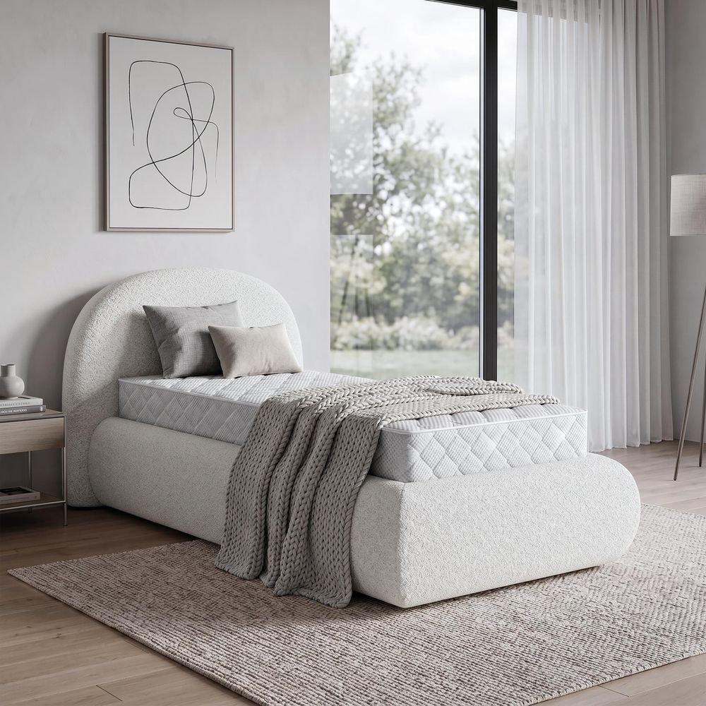 BEAUTYSOFA | Polsterbett MOTTI 90x200 cm - Einzelbett mit Bettkasten & Matratze MEDIRO FORM H2 und gepolstertem Kopfteil - Bouclé Creme