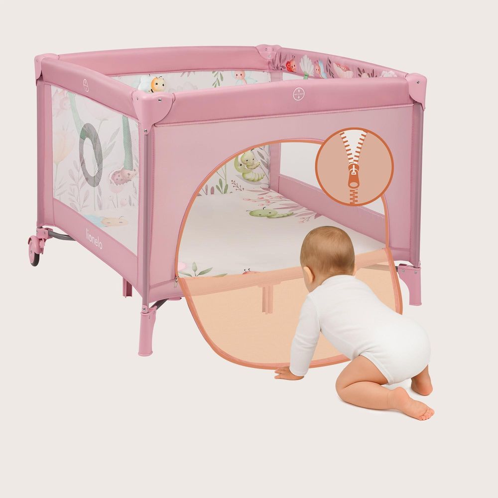 LIONELO Laufgitter Mille Plus bis 15 kg, 6-36 Monate, mit Schaumstoffmatratze, buntem Spielzeugset und praktischer Tragetasche - Rosa