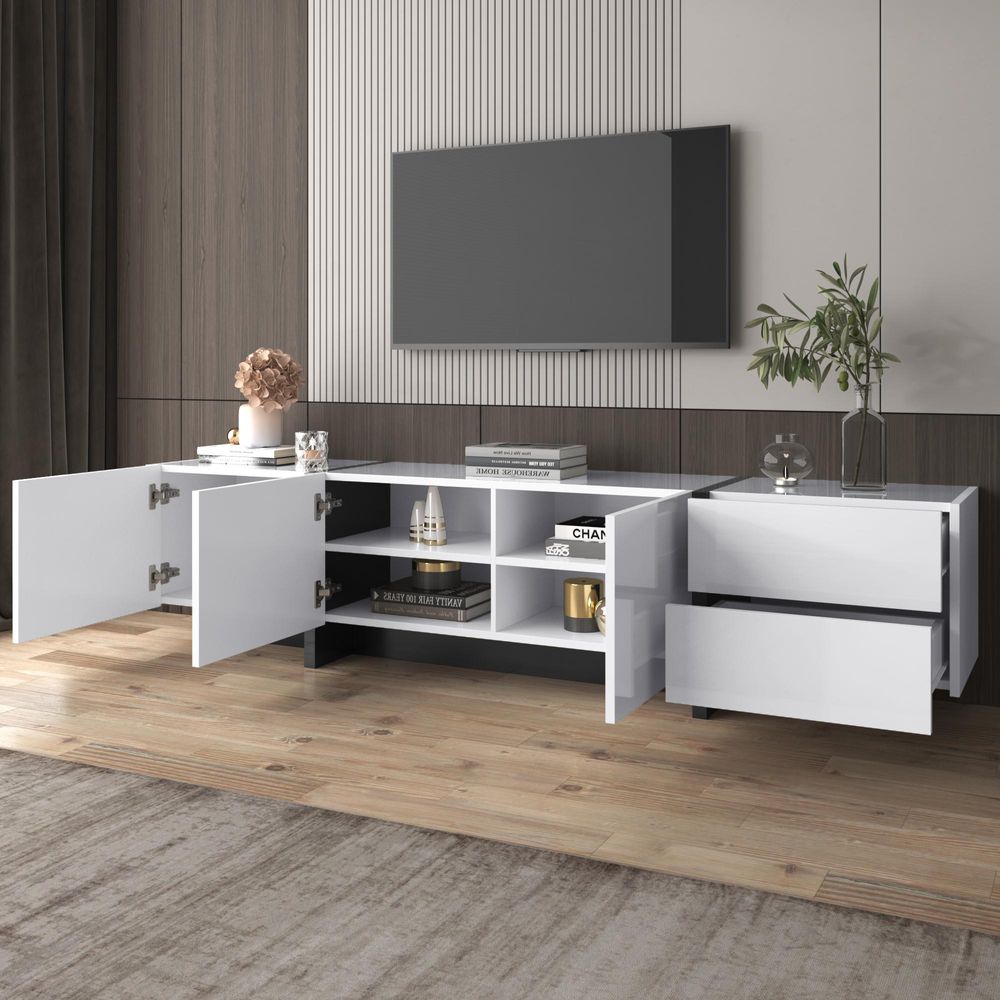 Merax TV-Lowboard Hochglanz weiß Fernsehschrank mit 2 Schubladen, Türen mit Regalen, TV-Board TV-Schrank, Breite:190cm