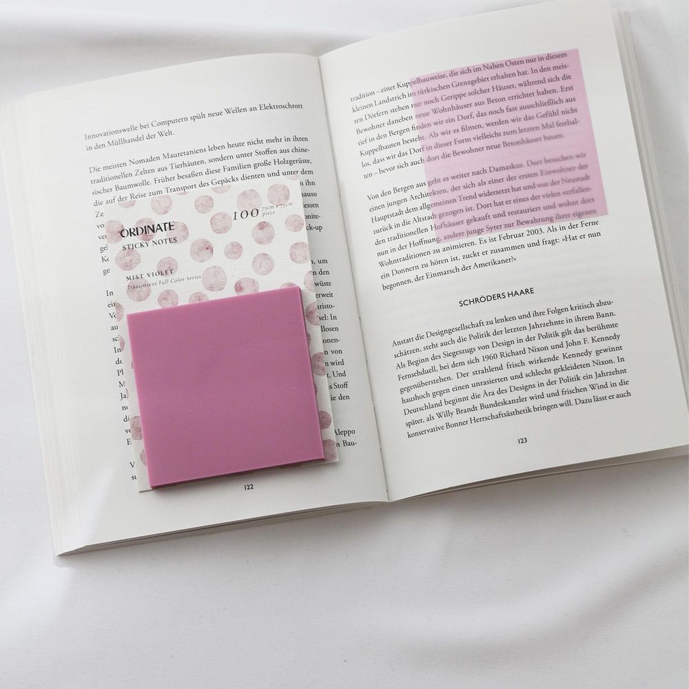 Ordinate Mist Violet Durchsichtige Transparent Sticky Notes Pastell | Bunte Haftnotizen | 75mm Farbige Notizblöcke | Notizzettel Büroartikel