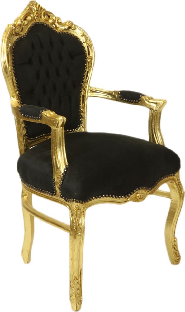 Barockstuhl Barock Stuhl Armlehne Schwarz Gold Stoff Esszimmer Wohnzimmer Büro Flur Schminkstuhl Klassisch Premium Luxus Modern Retro Royal Antik Stil