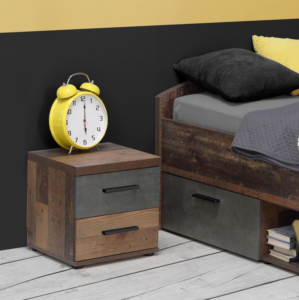 Nachttisch WINNIE – Nachtkommode im Industrial-Stil mit 2 Schubladen