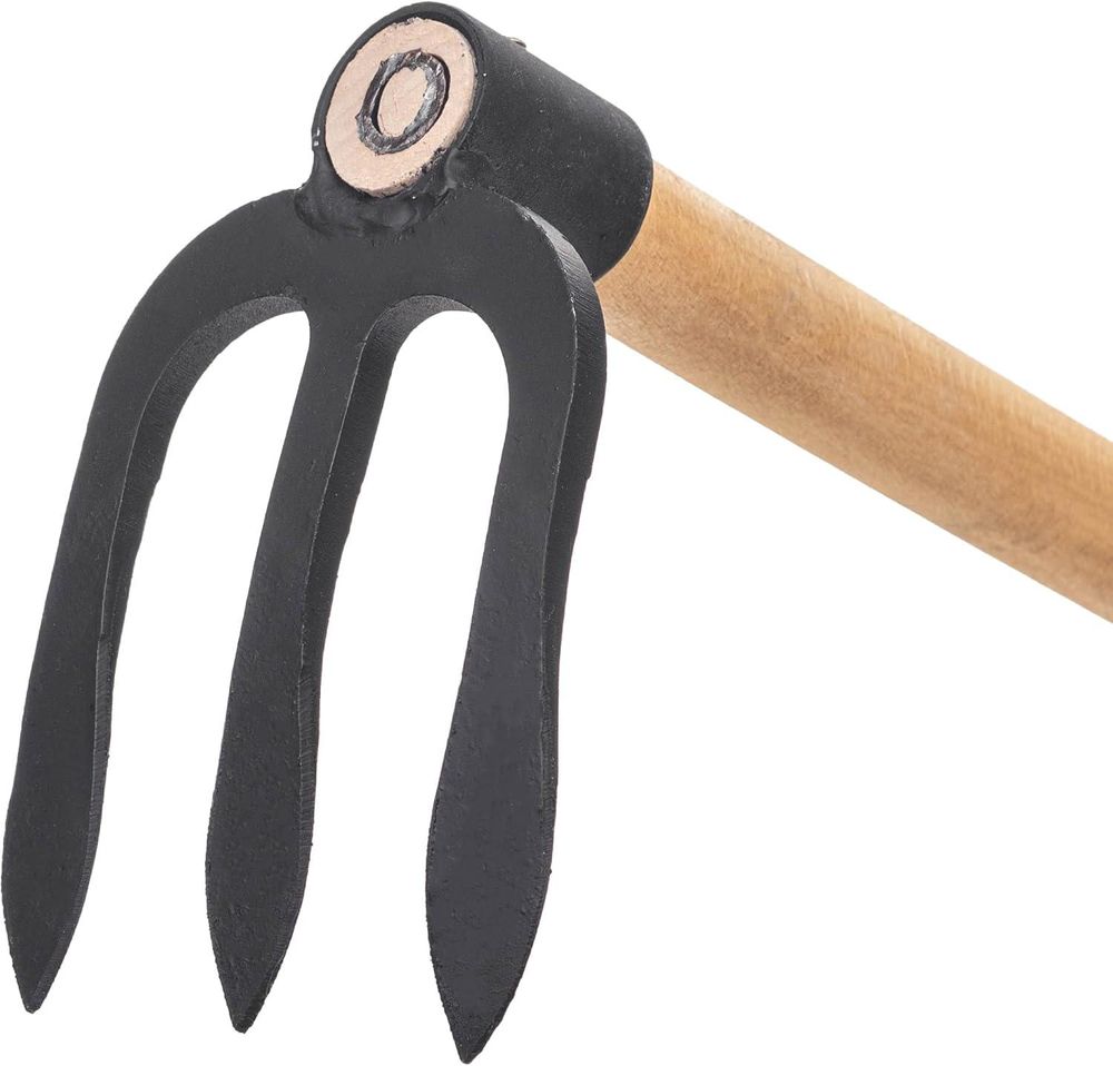 KADAX Kartoffelhacke mit 3 Zinken und langem Holzstiel, Gartenhacke aus geschmiedetem Stahl, Dunghacke für Gartenarbeit, Hacke für Garten, mit Stiel