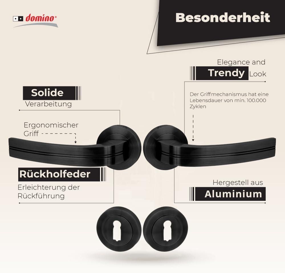 DOMINO Türgriff Drückergarnitur BB-Buntbart Set | Rund Rosette | für Zimmertür, Bürotür, Kellertür & Innentür | Aluminium | Schwarz  | DEKAN-R BLACK |