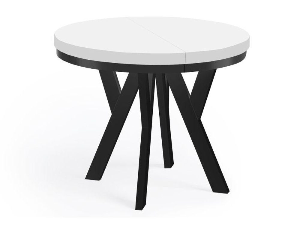 Runder Ausziehbarer Tisch für Esszimmer, PERO mit einem Ring-Gestell, Loft-Stil, Skandinavische, Durchmesser: 90 / 190 cm, Farbe: Weiß / Schwarz
