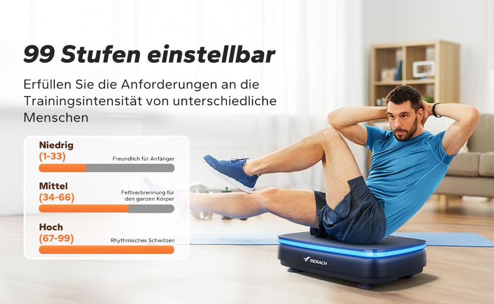 Vibrationsplatte mit 99 Stufen, 7 Programmen, LED, Fernbedienung, Bluetooth, Widerstandsbänder, 150W, Ganzkörpertraining & Formung, schwarz