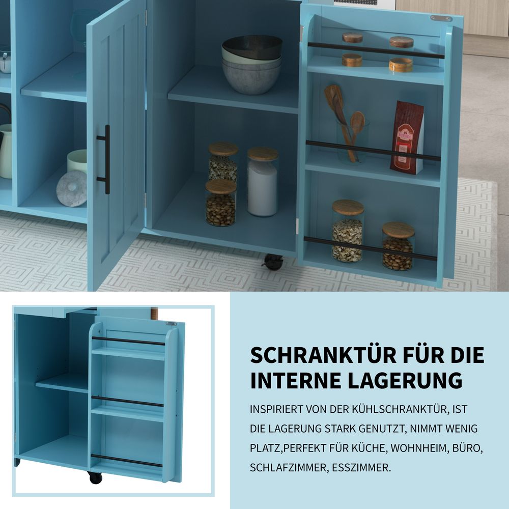 Flieks Servierwagen Kücheninsel mit 2 Schubladen, Küchentrolley Speisewagen mit Klappbar Arbeitsplatte, Küchenwagen mit Regal, 129x46-71x91.5cm, Blau