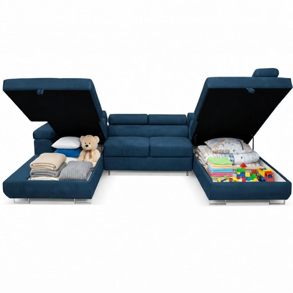 U-Form Sofa mit zwei geöffneten Bettkästen und großem Stauraum für Bettzeug und Spielzeug.