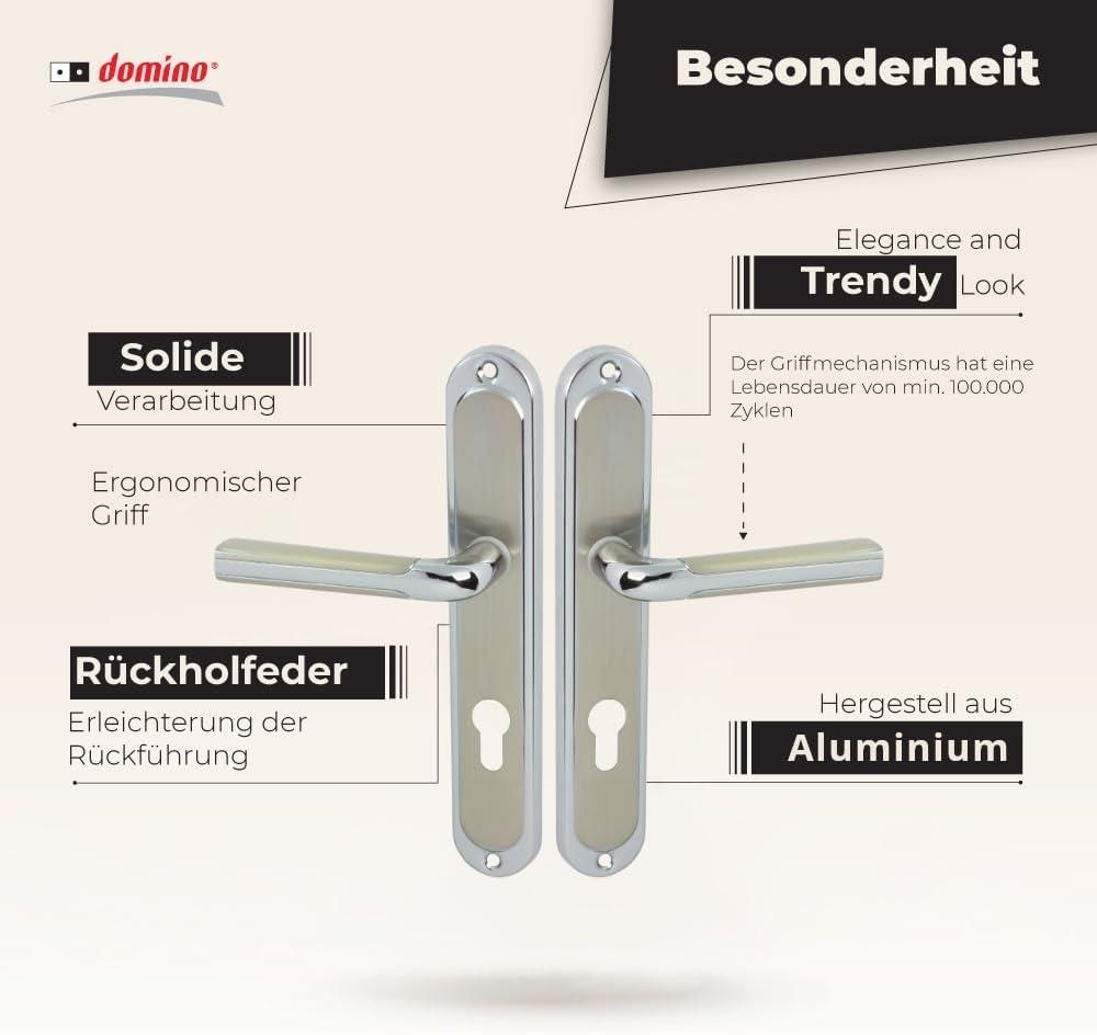 DOMINO Türgriff 72 Drückergarnitur PZ - Profilzylinder Set | Türklinke für Zimmertür, Bürotür, Kellertür & Innentür | Aluminium | Silber | RIO M6/M9 |