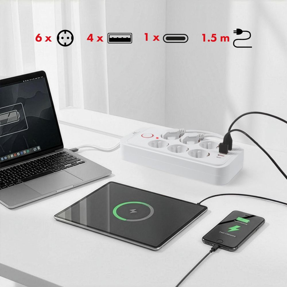 Maclean Steckdosenleiste 6-fach Verlängerungskabel + 4xUSB 110-240V AC 50/60Hz 2,1A max 2500W 1,5 m weiß MCE389 W