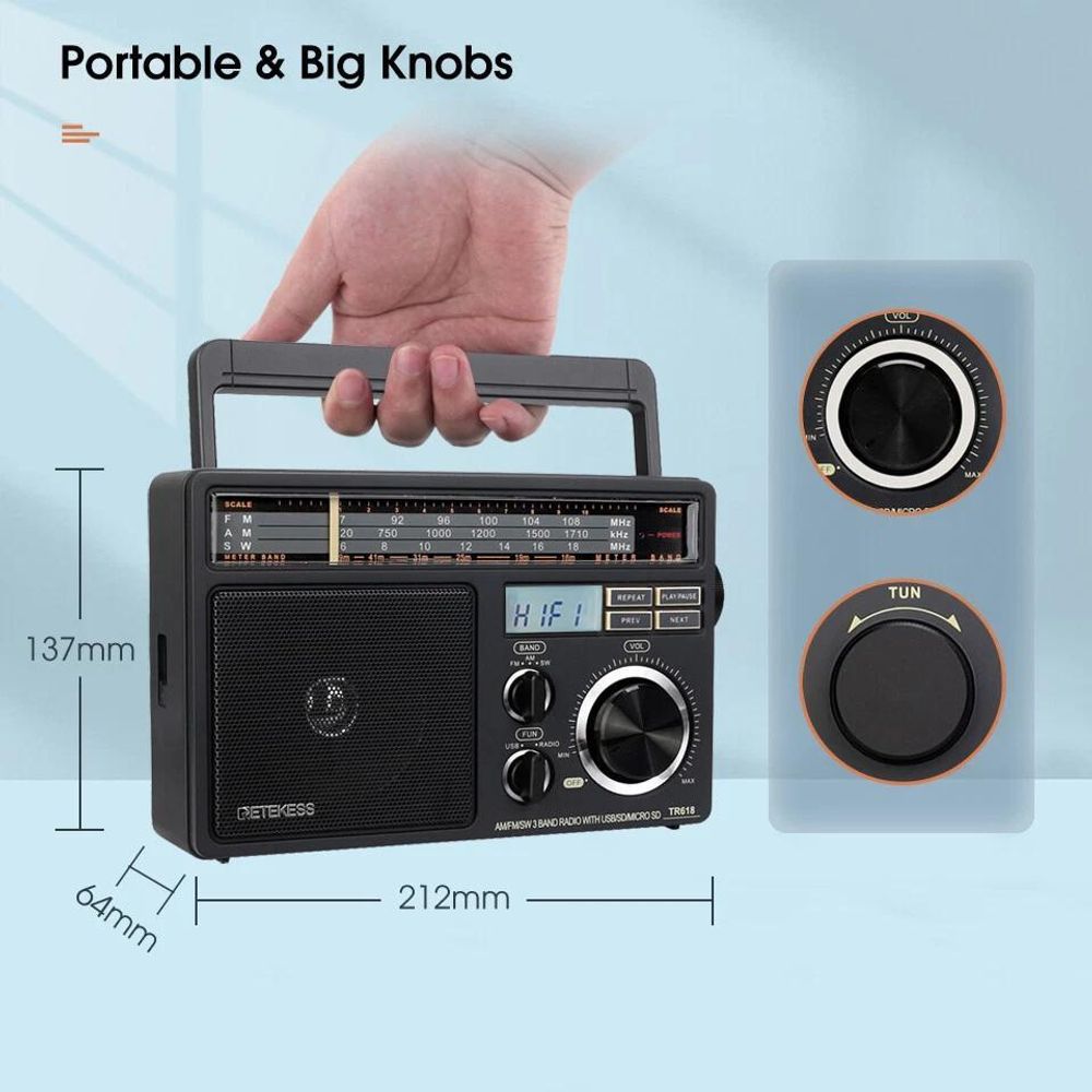 Retekess TR618 Radio Batteriebetrieben, Tragbares Radio, AM FM SW, USB SD TF, 3,5-mm-Kopfhörerbuchse, Kofferradio für Senioren, Küche