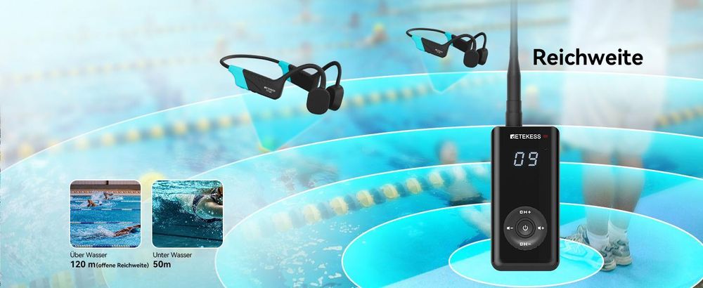 Retekess TT120 Schwimmtrainings-kommunikationssystem, IP68 Wasserdichte, Knochenleitung, 120 m, mit USB-Ladegerät, Sportkopfhörer für Schwimmschule