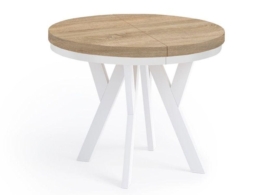 Runder Ausziehbarer Tisch für Esszimmer, PERO mit einem Ring-Gestell, Loft-Stil, Skandinavische, Durchmesser: 110 / 210 cm, Farbe: Eiche Sonoma / Weiß