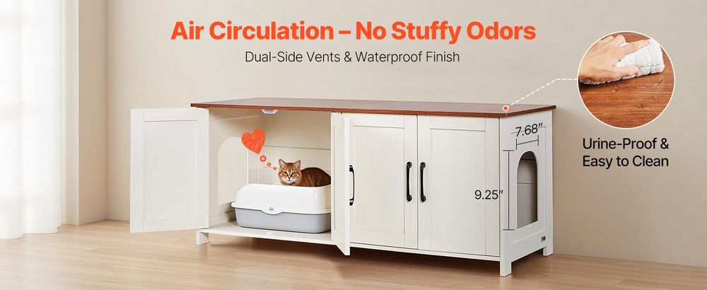 VEVOR Katzenschrank, 1200x450x500 mm, Katzenklo Schrank mit 4 Türen & 2 Eingängen, Katzentoilette für den Innenbereich, Katzenhaus aus Holz, passend für die meisten Katzentoiletten, Braun & Weiß