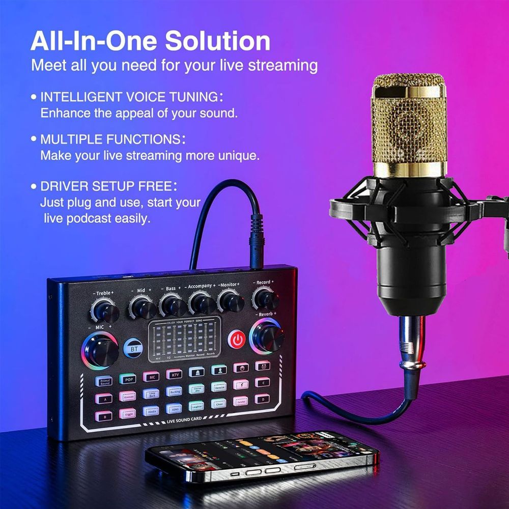 ZELURXX Kondensator Mikrofon Set mit Arm & Soundkarte – Ideal für Podcast, Streaming & Gaming, F009+Gold