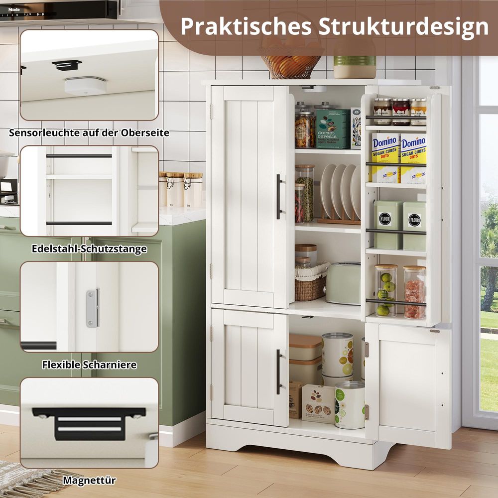 Flieks Küche Hochschrank mit LED, 4-türiger Schrank mit Regalböden & Türablagen, 120x60x40 cm, geeignet für Küche, Esszimmer oder Wohnzimmer, weiß