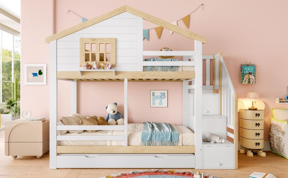 Merax Etagenbett Kinderbett 90x200 cm, mit Ausziehbett 90x190 cm, Hausdesign mit Fenstern, Stauraumleiter, Massivholz, Hochbett, Stockbett, Weiß+Natur