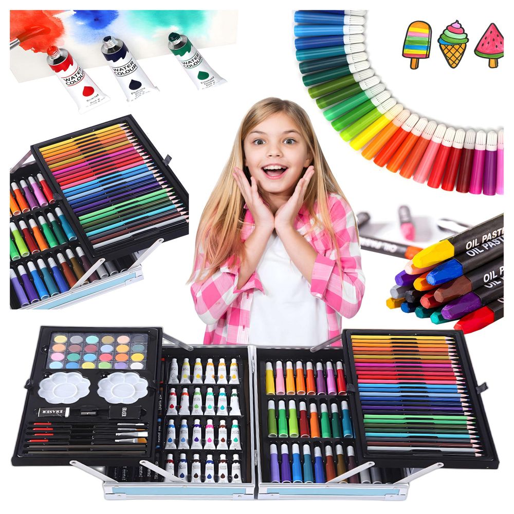 Künstler Set 145-teilig mit blauer Aufbewahrungsbox – Malset für Kinder & Anfänger – Stifte, Farben, Pinsel