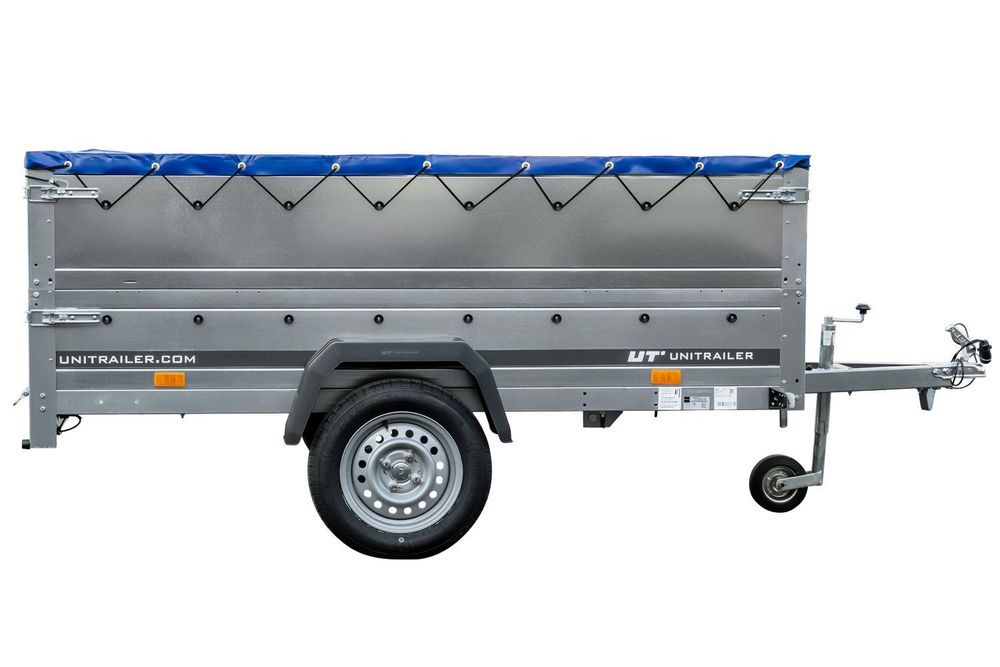 Anhänger mit faltbarer Deichsel GARDEN TRAILER 230 KIPP mit zusätzlichen Bordwänden, Stützrad und blauer Flachplane