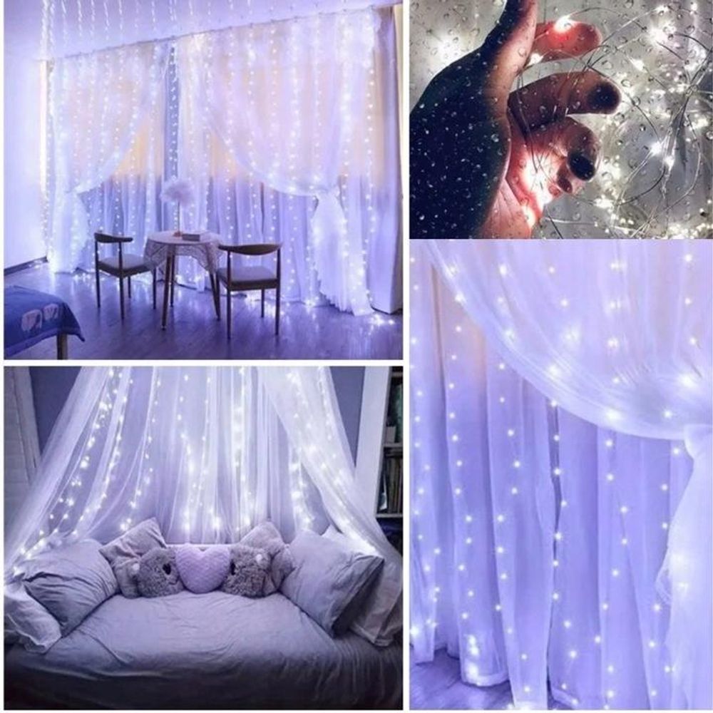 LED-Lichtervorhang kaltweiß als dekorative Fensterbeleuchtung im Schlafzimmer