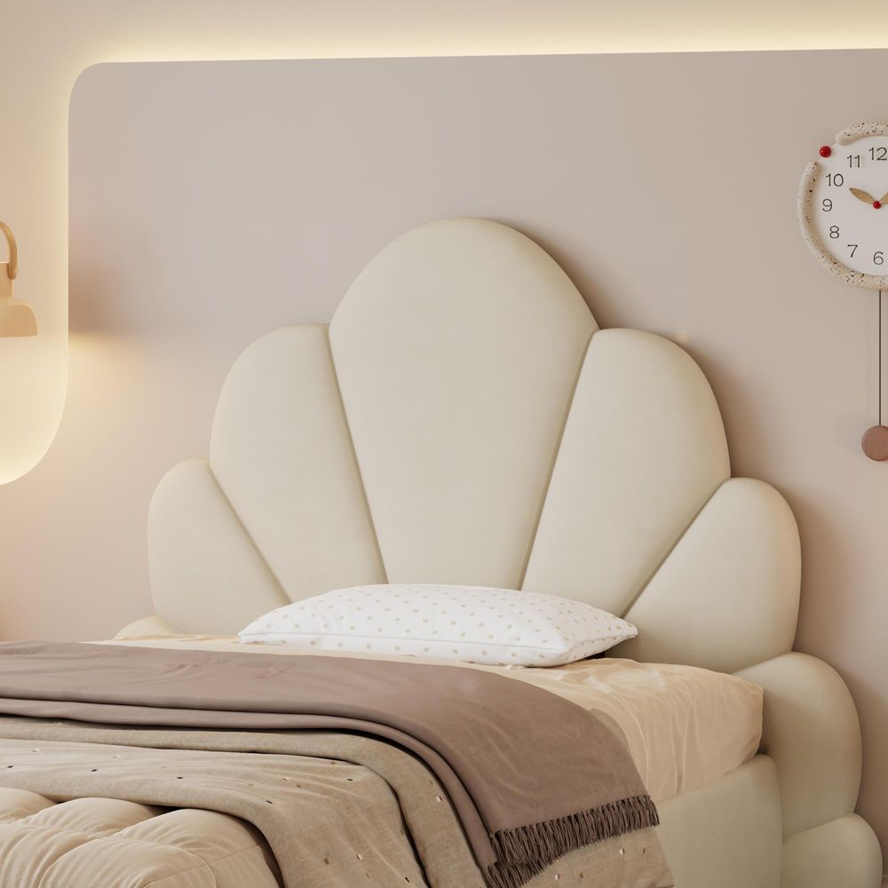 STILVORA Polsterbett 90x200 cm mit geschwungenem Kopfteil in Blütenform, Einzelbett mit modernem Samt, Bettgestell stilvoll und bequem,Beige