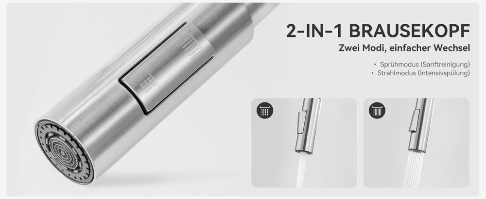 Lonheo Hochdruck Silber Küchenarmatur Wasserhahn Küche ausziehbar mit 2 Strahlarten 360° drehbar Spültischarmatur mit Brause