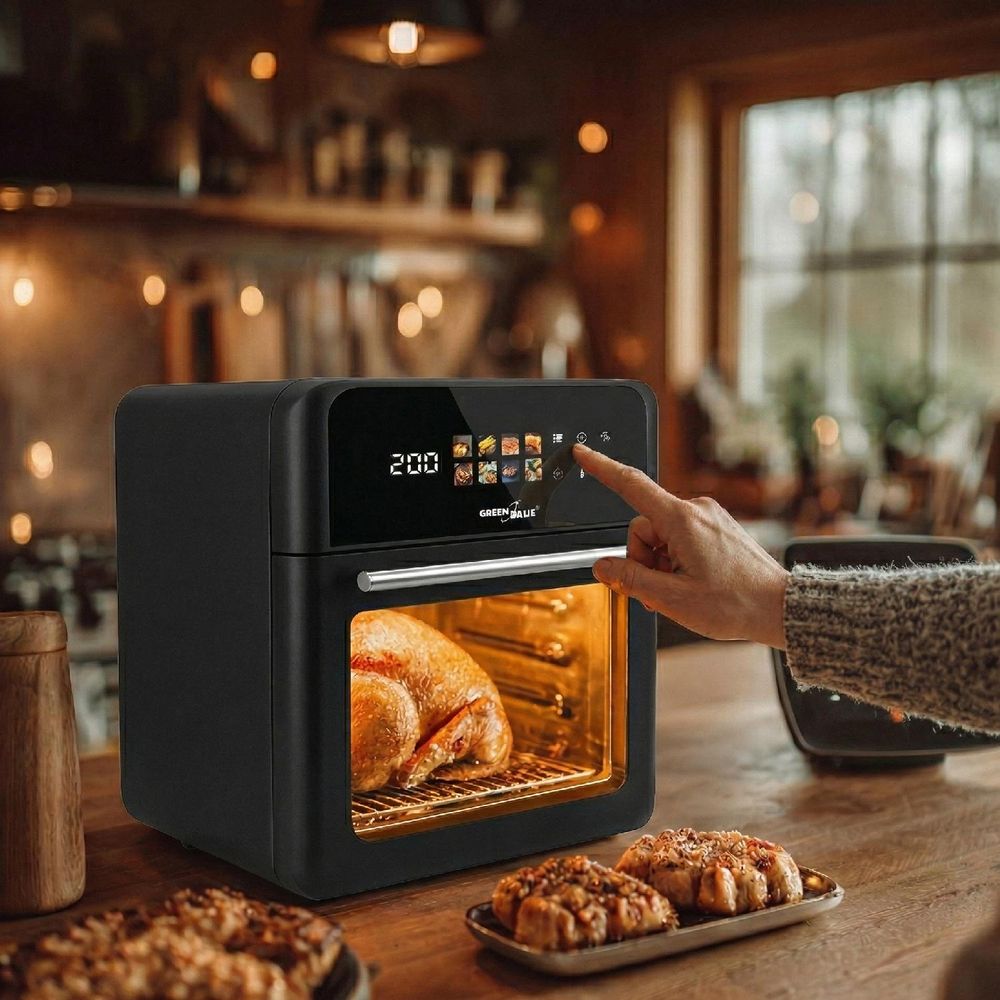 GreenBlue AIR FRYER Heißluftfritteuse 1800 W 10 l Fassungsvermögen 8 Programme Zubehör Timer, GB950 + 100 Stück 16-cm-Papierbeutel
