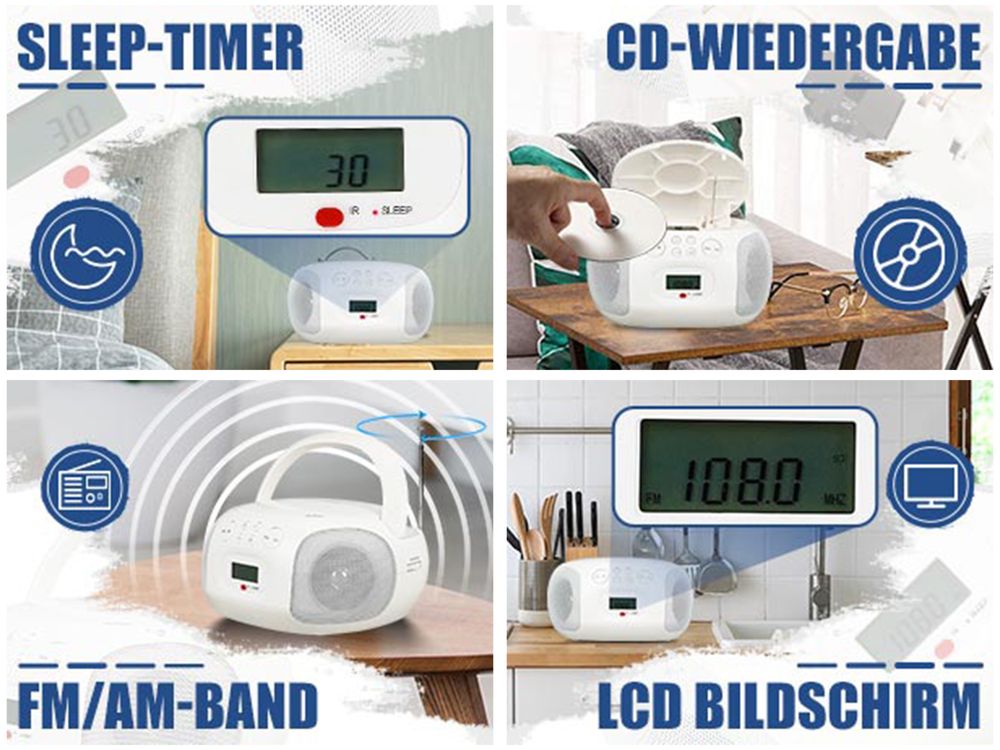 Retekess TR636 Tragbarer CD-Player, Boombox mit Bluetooth, FM Radio, USB,AUX-In,Sleep-Timer, Fernbedienung, Einfache Bedienung für Kinder und Ältere Menschen (Weiß)