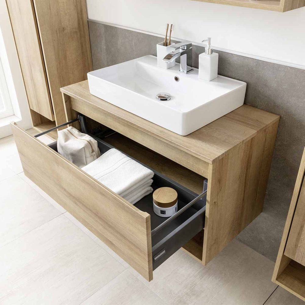 FACKELMANN Natura Badmöbel Set 2 Teile / Keramik Waschbecken / Waschbeckenunterschrank mit Schublade / hochwertiger Badschrank mit Soft-Close-System / Korpus & Front: Braun / Breite: 94 cm