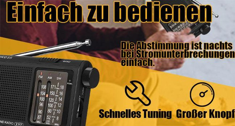 Retekess V117 Radio mit Batteriebetrieben, Klassisches Radio, FM AM SW Tragbares Radio, Großes Display-Zifferblatt, Geschenke für ältere Menschen