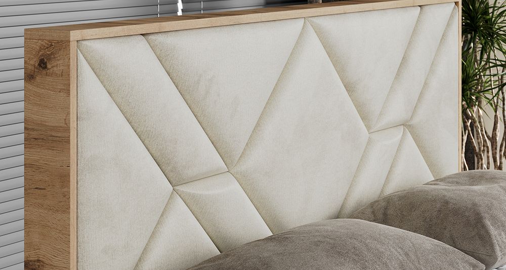 Vergrößern Sie das Kopfteil des Boxspringbettes, das Foto zeigt beige Stoff