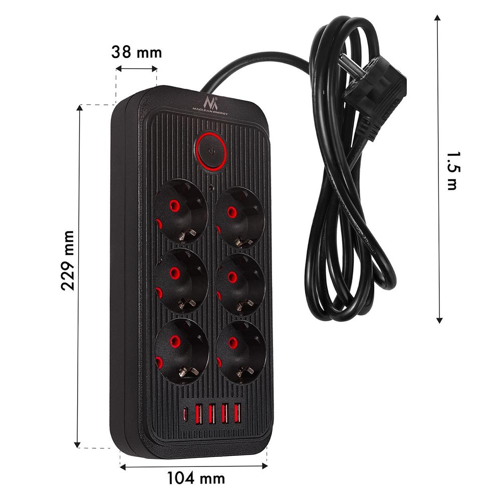Maclean Steckdosenleiste 6-fach Verlängerungskabel + 4xUSB 110-240V AC 50/60Hz 2,1A max 2500W 1,5 m schwarz MCE389 B