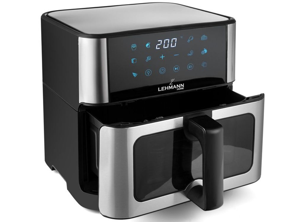 LEHMANN Heißluftfritteuse, Airfryer 1800 W, Kapazität 10L, 80°-200°, 12 Programmen, mit Sichtfenster - Backen und Frittieren Ohne Fett