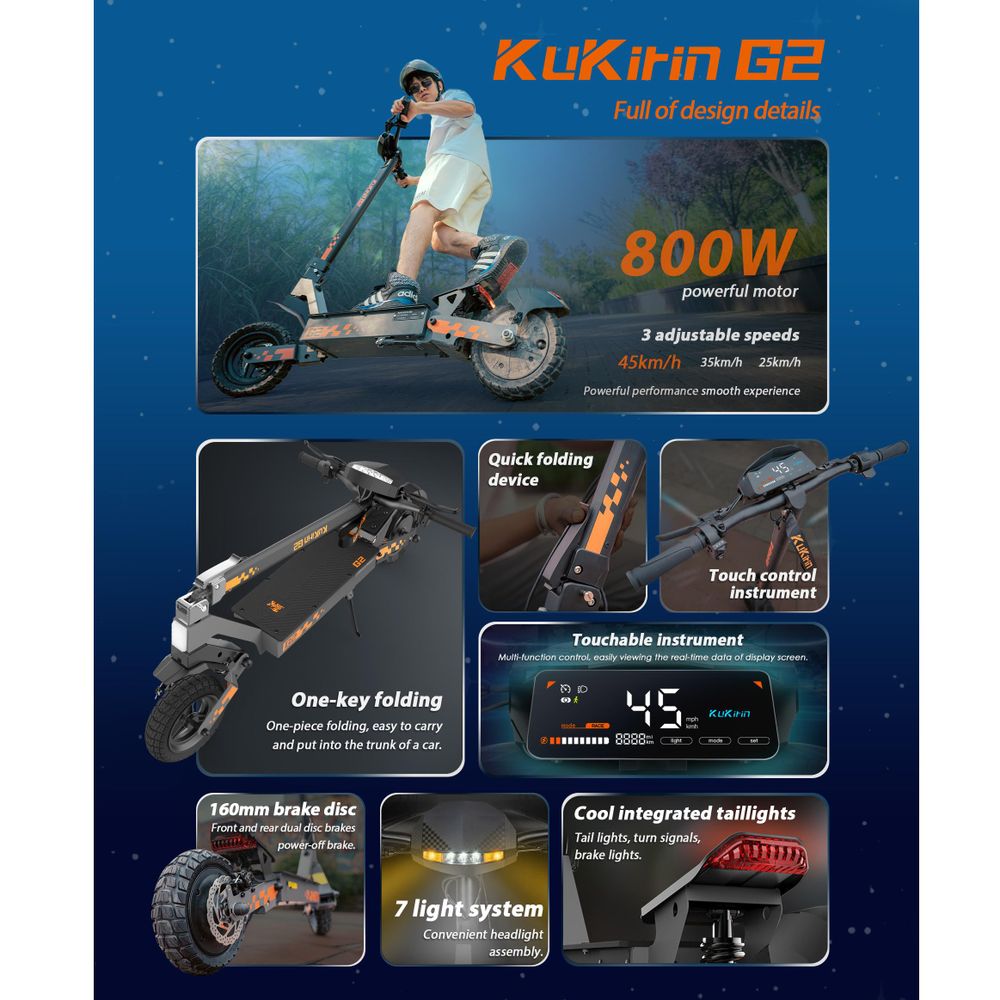 Elektrický skútr G2 pro dospělé, 48V, 15,6Ah, 10palcové bezdušové terénní pneumatiky, dvojité kotoučové brzdy vpředu i vzadu, maximální nosnost 120 kg, stupeň krytí IPX4