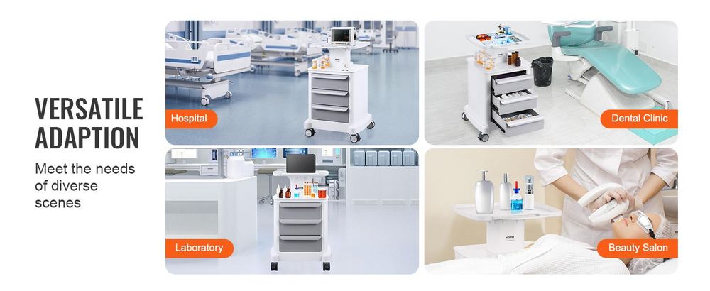 VEVOR 4-stufige Laborwagen, Labor-Nutzwagen mit 3 Schubladen & 1 oberem Tablett, mobiler medizinischer Wagen aus ABS-Material, Labor-Rollwagen mit 4 leisen Rädern für Labor, Klinik, Krankenhaus, Salon, Weiß, 4 Schichten, Weiß