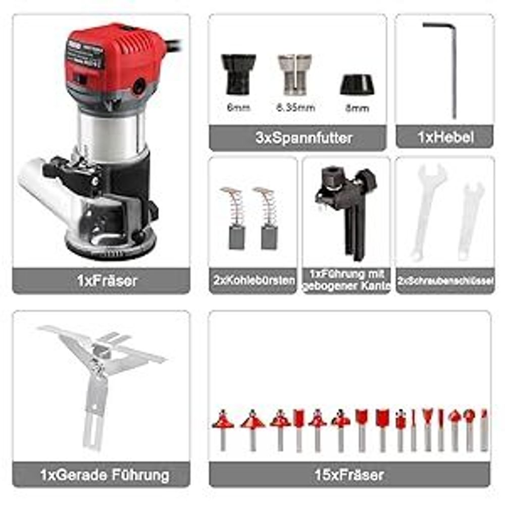TEENO Holzfräse 710W 13000–33000 U/min mit Staubabsaugungsanschluss, 15 Stück 1/4" Fräsen Cuter, 6 Geschwindigkeiten, Spannzange 6MM, 6.35MM, 8MM