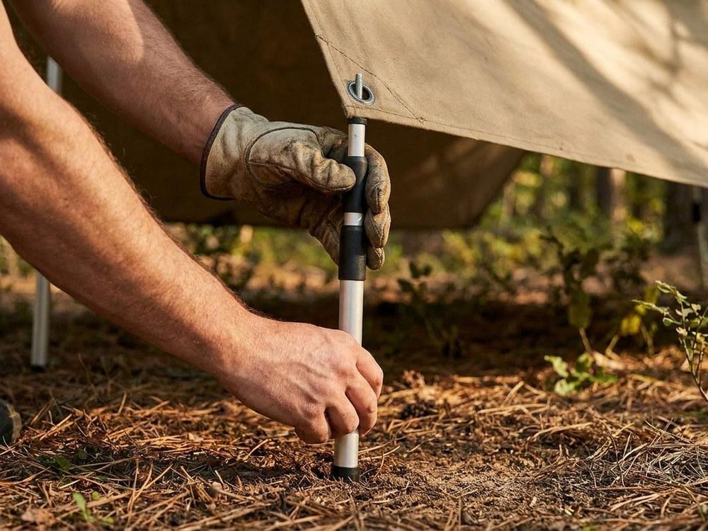 Hand setzt die Zeltstange mit Endkappe auf den Waldboden unter das Tarp