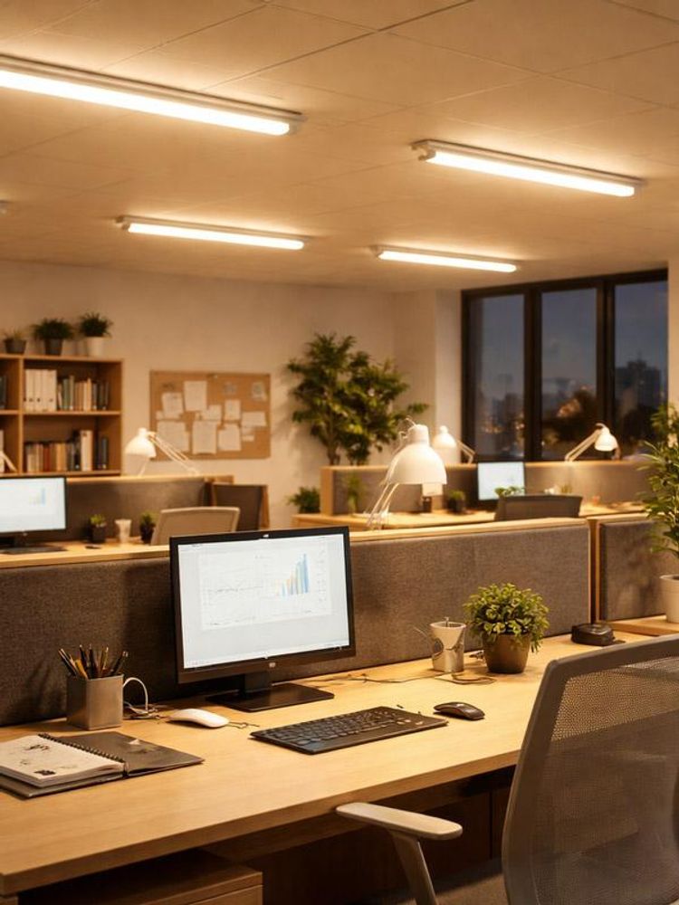 Das Bild zeigt ein Büro mit warmweißem Licht.
