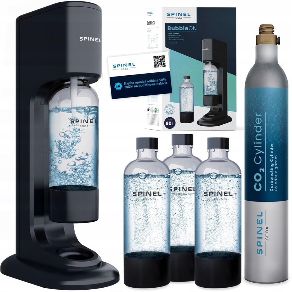 Spinel Soda BubbleON Wassersprudler Set Schwarz 3 Flasche 1L CO2 Zylinder