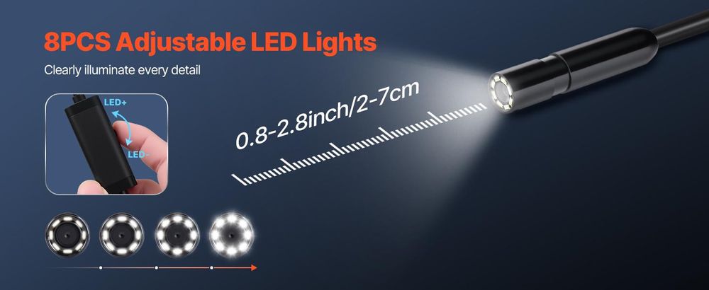 VEVOR Endoskopkamera mit Licht, Dual-Linsen-Boreskop für Android & IOS, 1920P HD Inspektionskamera mit 8 + 1 LED-Licht, 2X Zoom, 5m Schlangenkabel, IP67 wasserdichte Schlangenkamera für Auto, Sanitär, 15 m, Einzelobjektiv-a