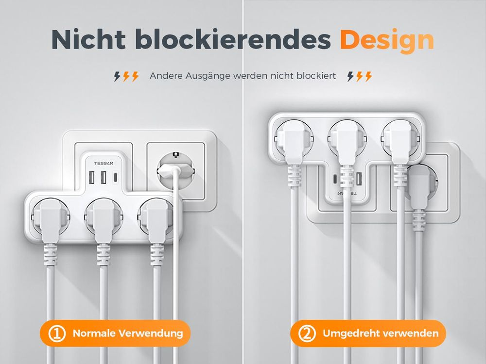 TESSAN Mehrfachstecker 3 Fach Steckdosenadapter mit 2 USB A 1 USB C Mehrfachsteckdose Weiß