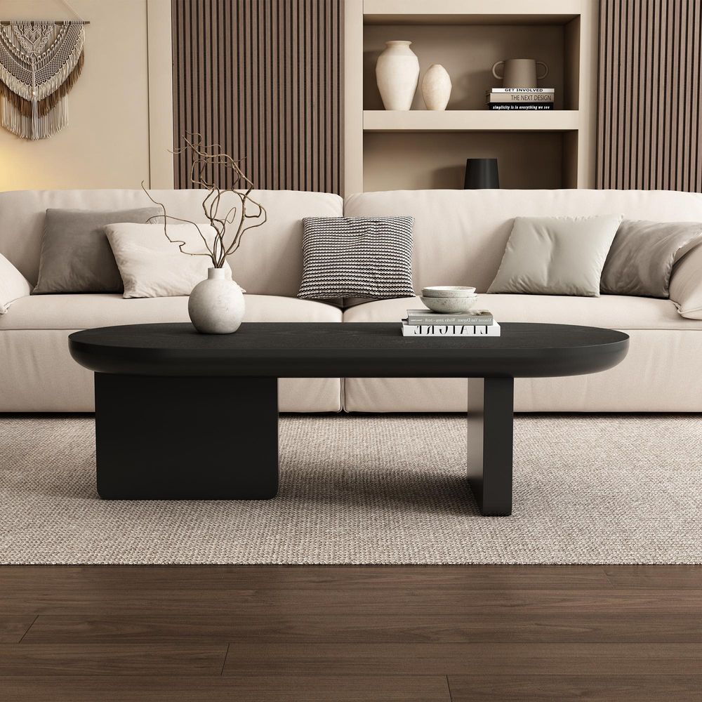 Merax Couchtisch oval 119,7cm aus MDF mit Sprühlack, Sofatisch modernes Design mit Blockbeine, pflegeleicht und stabil, ideal für kleine Wohnungen, schwarz