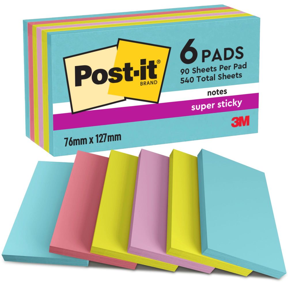 Post-it® Super Sticky Notes Haftnotizen - Cosmic Collection - 76 mm x 127 mm - 90 Blatt/Block - 6 Stück