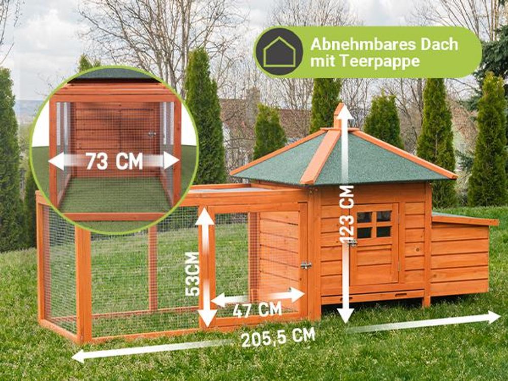 MyAnimal Hühnerstall MH-19 | Für 3-4 Hühner - Hühnerhaus - 2 Sitzstangen - Nistkasten - Eiablage - Freilaufgehege - Wetterfestes Dach (Braun)