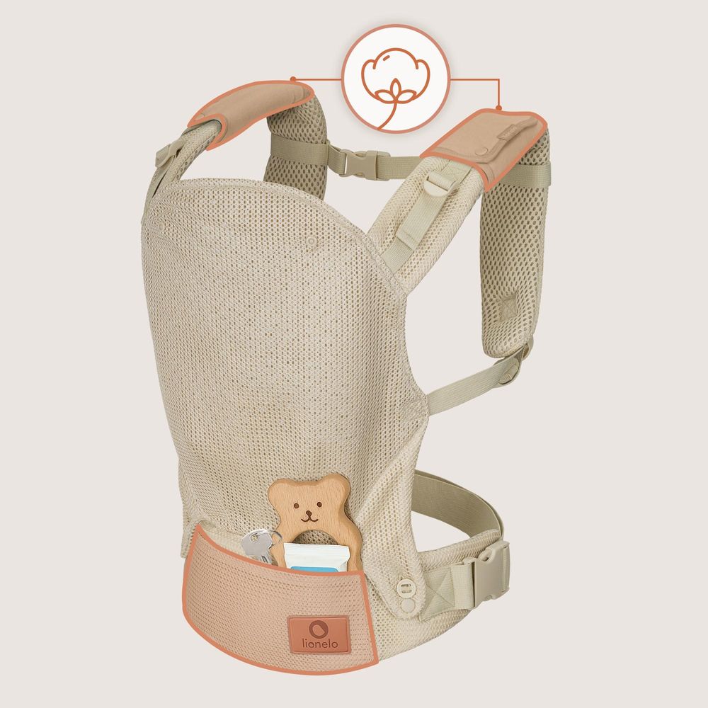 Margareet Air Ergonomische Babytrage, geeignet für Babys ab 4 Monaten bis 20 kg, 3 Tragemodi, atmungsaktives Gewebe, abnehmbare Kapuze - Beige
